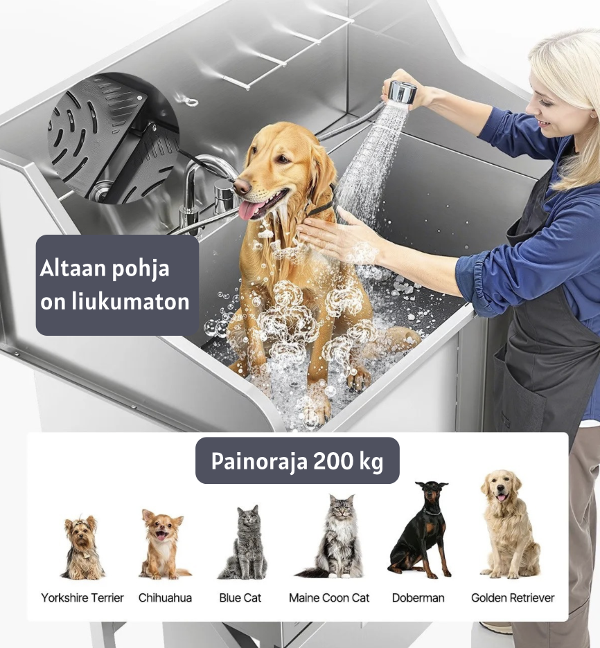 Altaan pohja on liukumaton. Kestävyys on jopa 200 kiloa, joten myös isommat karvakuonot mahtuvat mukaan kylpyhetkeen.